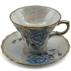 Rossini Japan Teacup & Saucer Lusterware Blue Rose Gold Trim Vintage Set